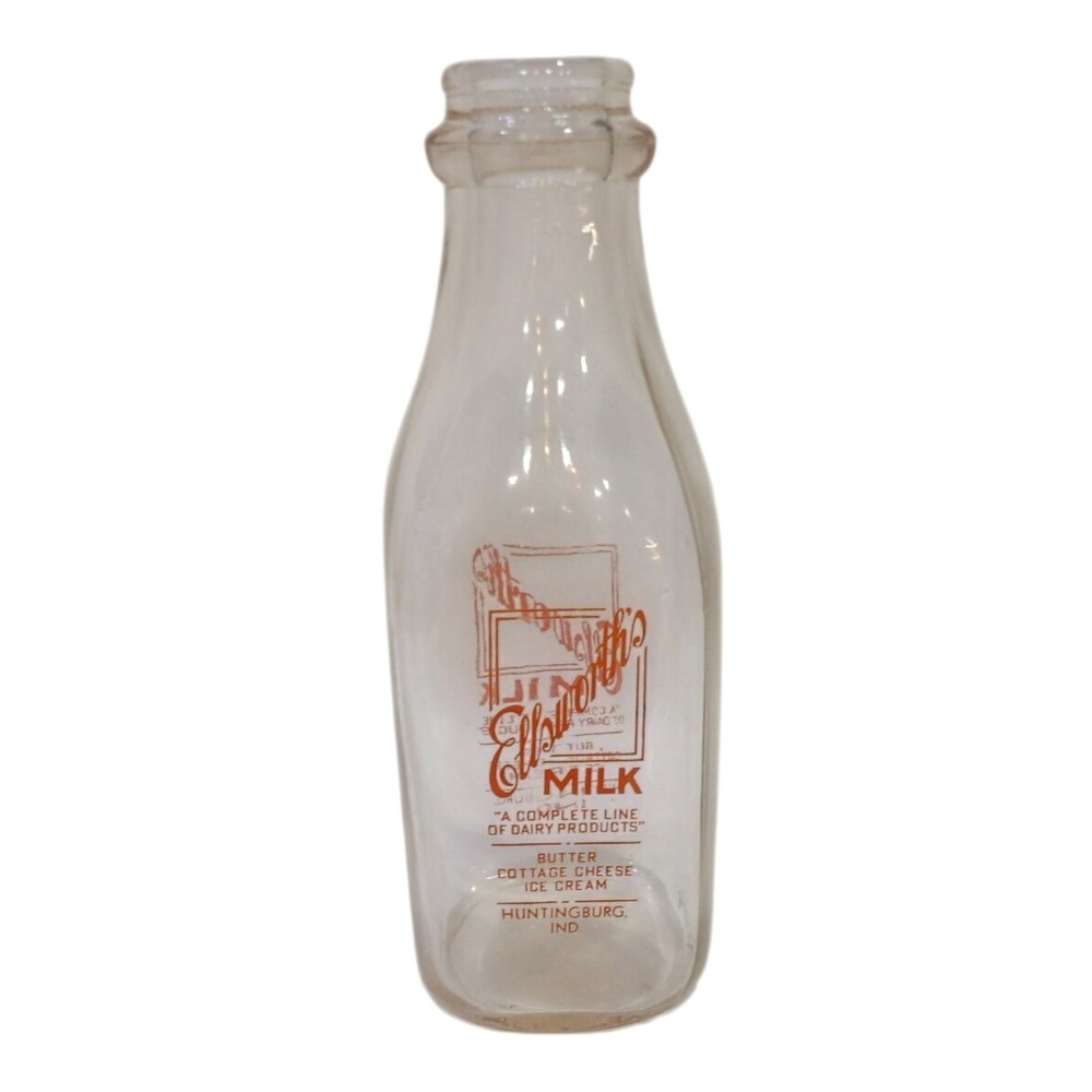 Vintage Ellsworths Milk Bottle Huntingburg Indiana Orange Pyroglaze Glass Dairy